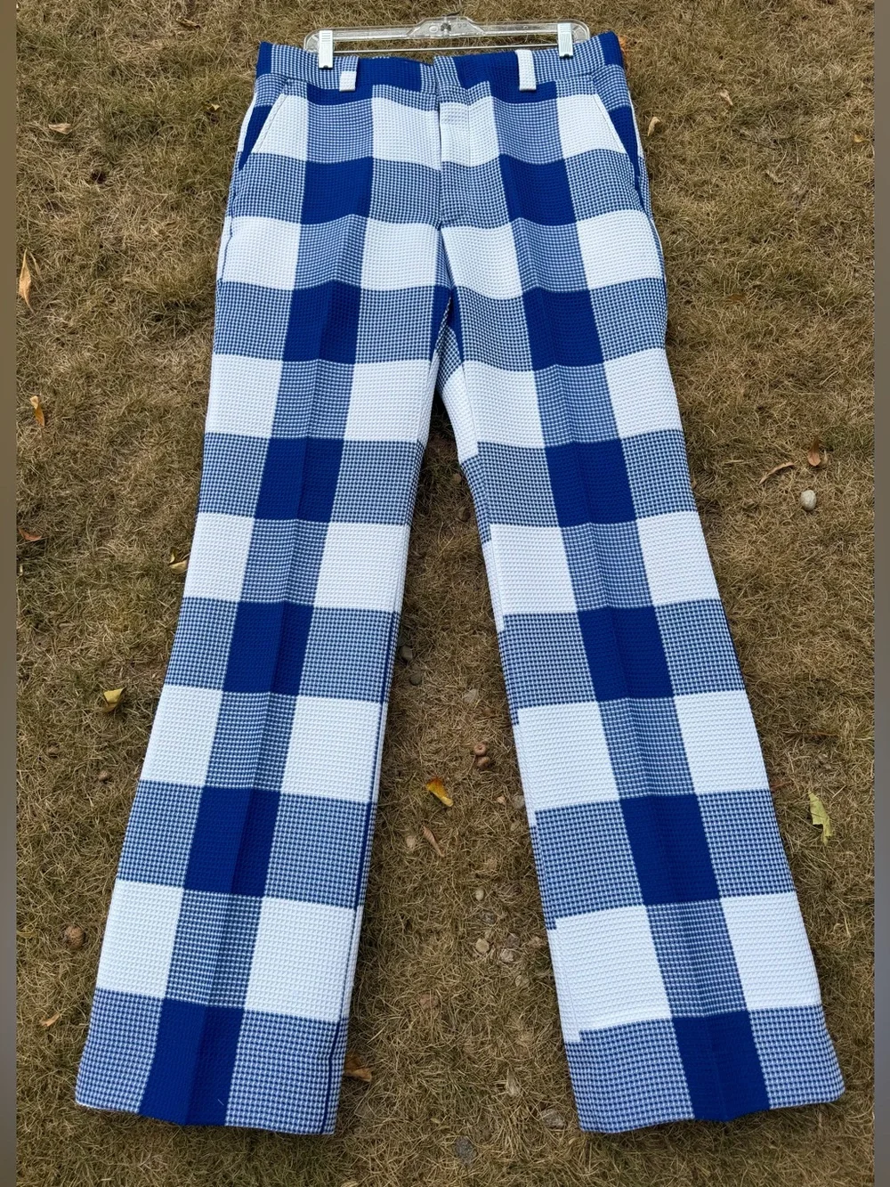 1970s CHECK GOLF PANTS Vintage Trouser Checked Blue & White Polyester Dress L